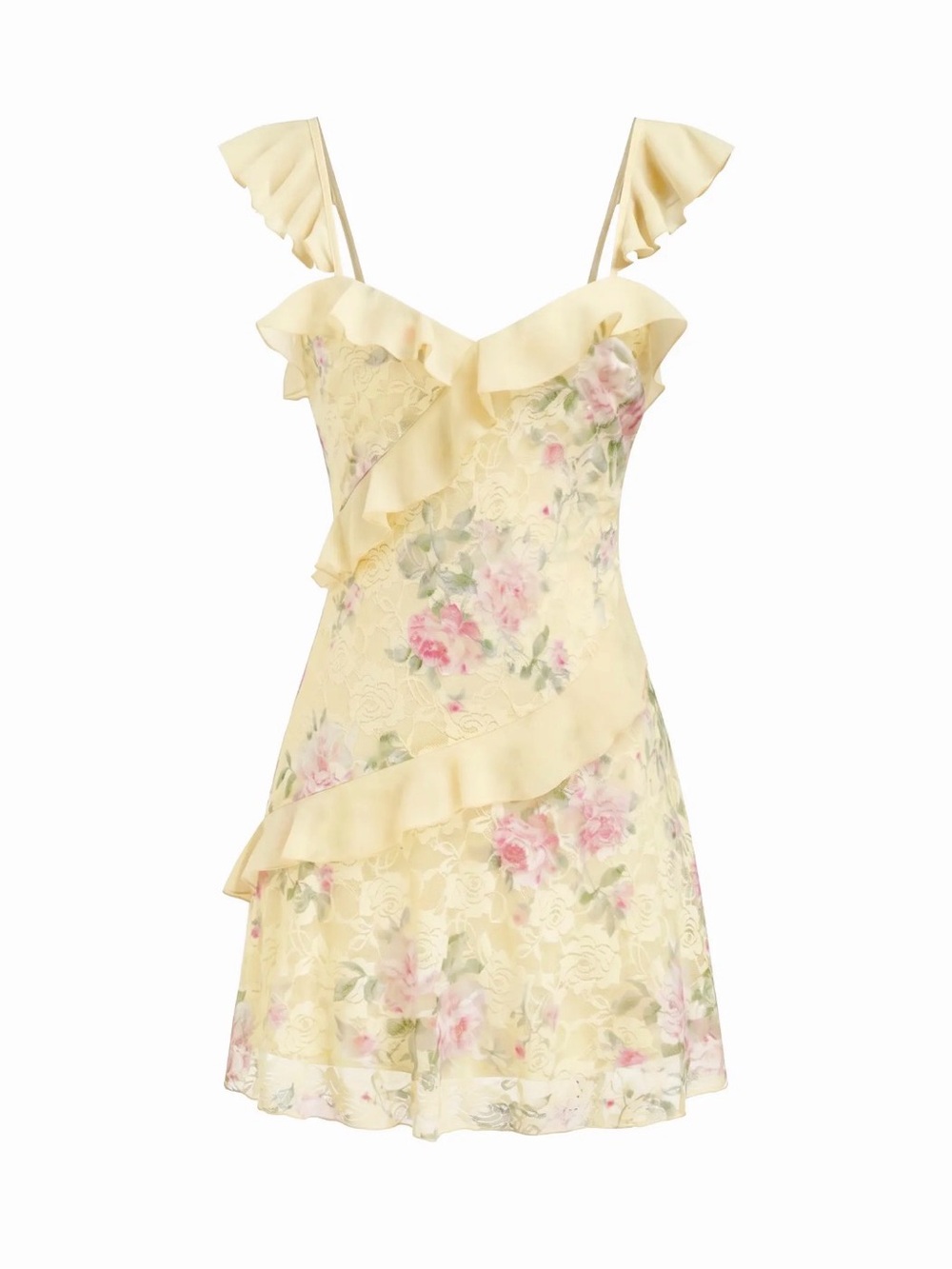 Cider Lace Floral Ruffle Trim Cami Mini Dress XS Yellow